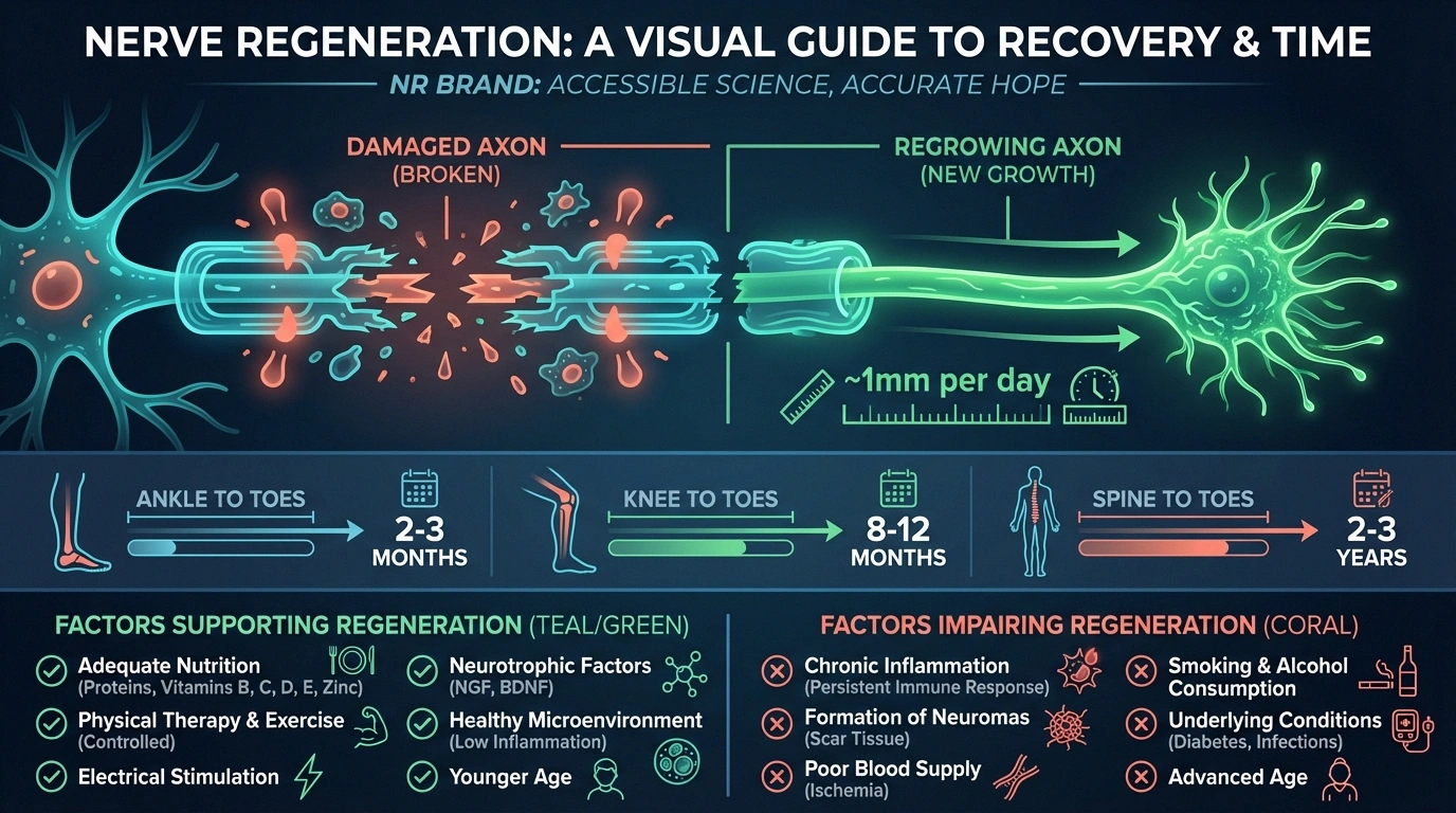 Nerve regeneration diagram showing damaged nerve fiber regrowing at 1mm per day with recovery timeline estimates