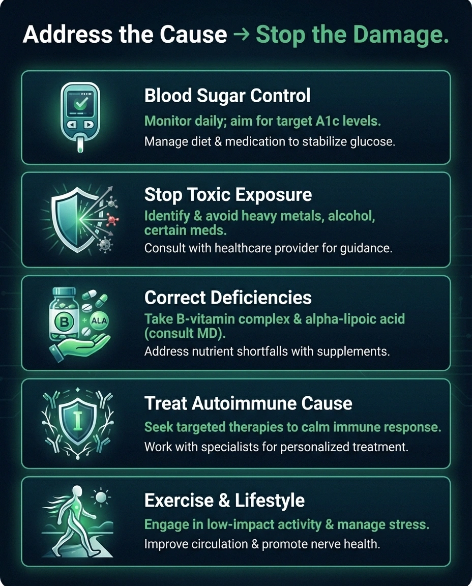 Five strategies to stop neuropathy progression including blood sugar control stopping toxins correcting deficiencies and exercise