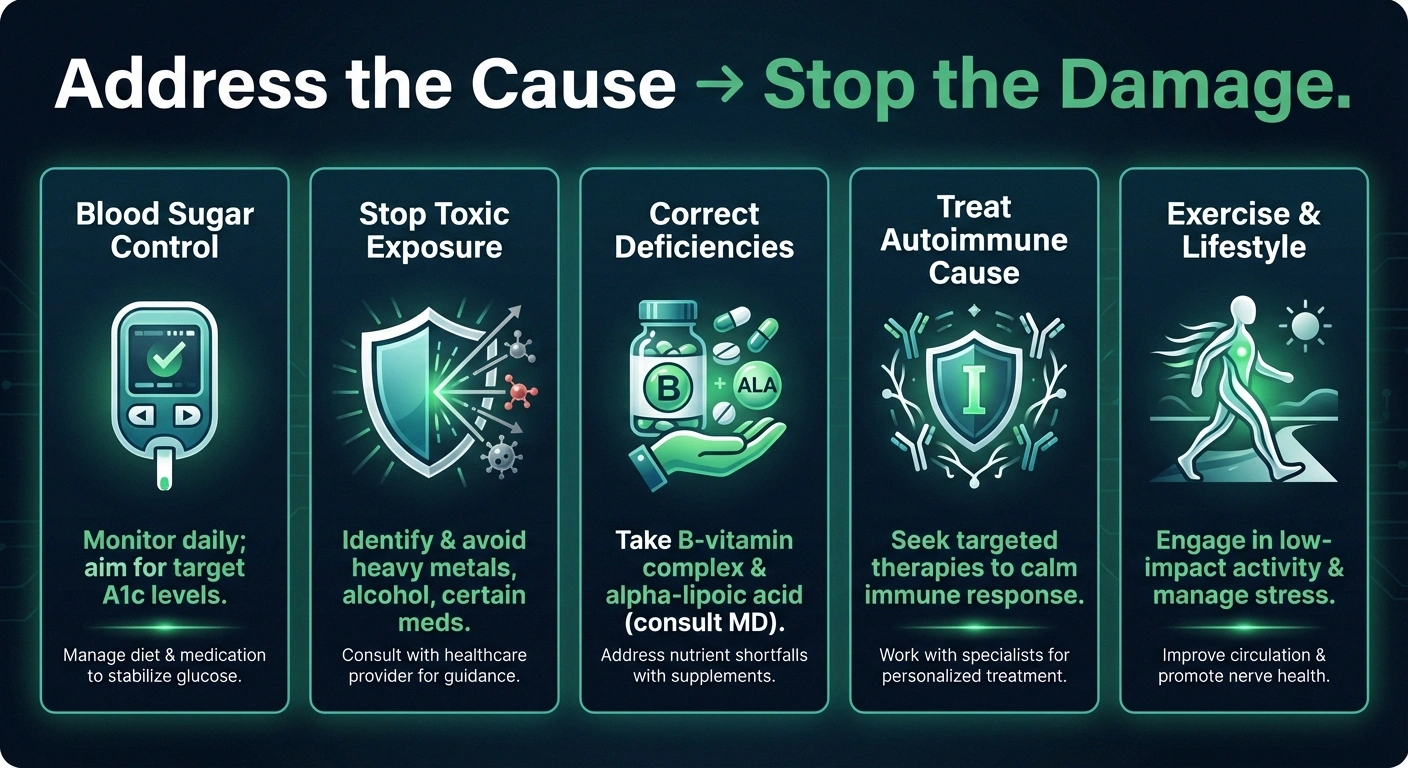 Five strategies to stop neuropathy progression including blood sugar control stopping toxins correcting deficiencies and exercise