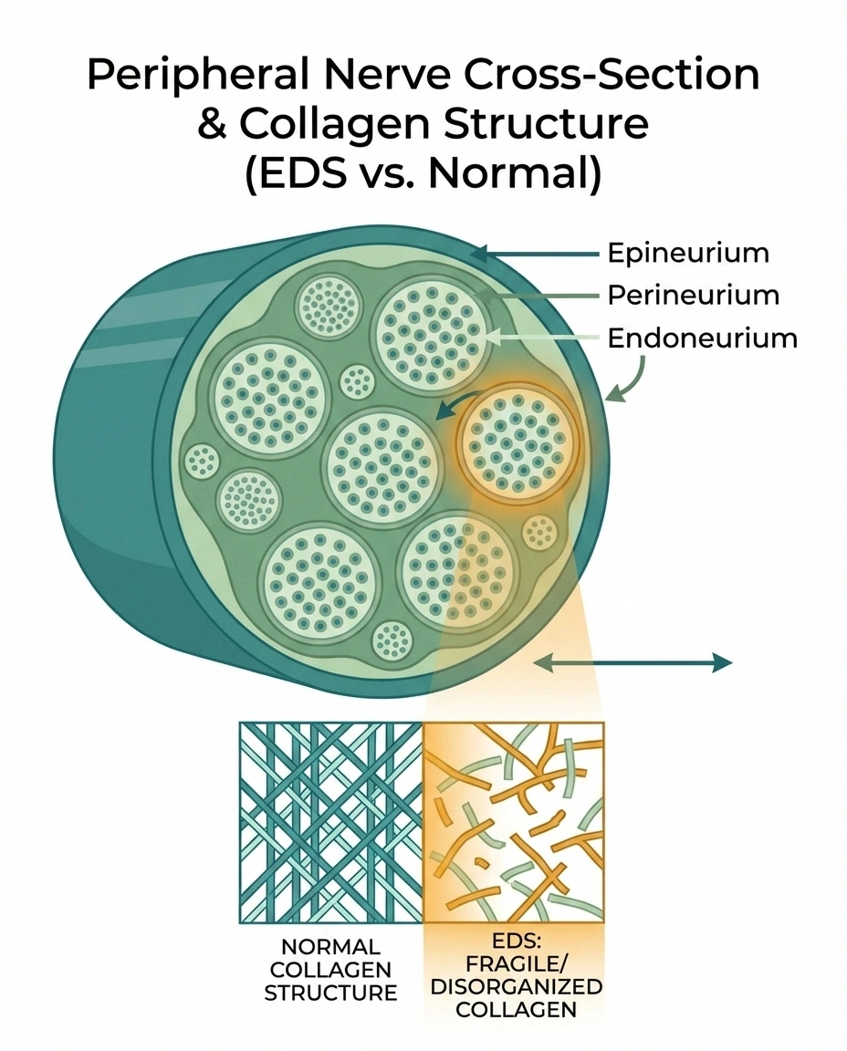 Cross-section of a peripheral nerve showing the three connective tissue layers — epineurium, perineurium, endoneurium — that are disrupted in EDS.