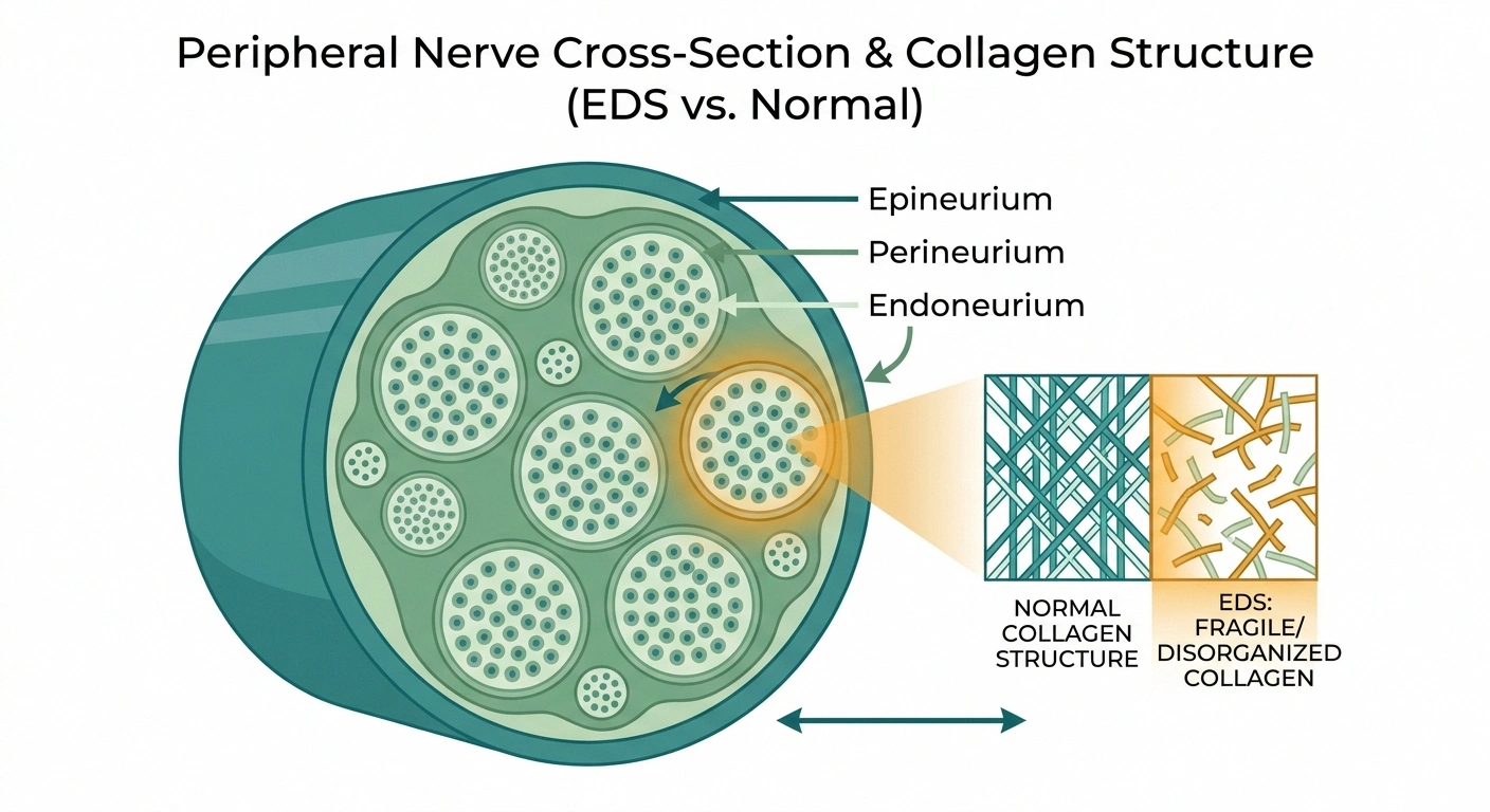 Cross-section of a peripheral nerve showing the three connective tissue layers — epineurium, perineurium, endoneurium — that are disrupted in EDS.