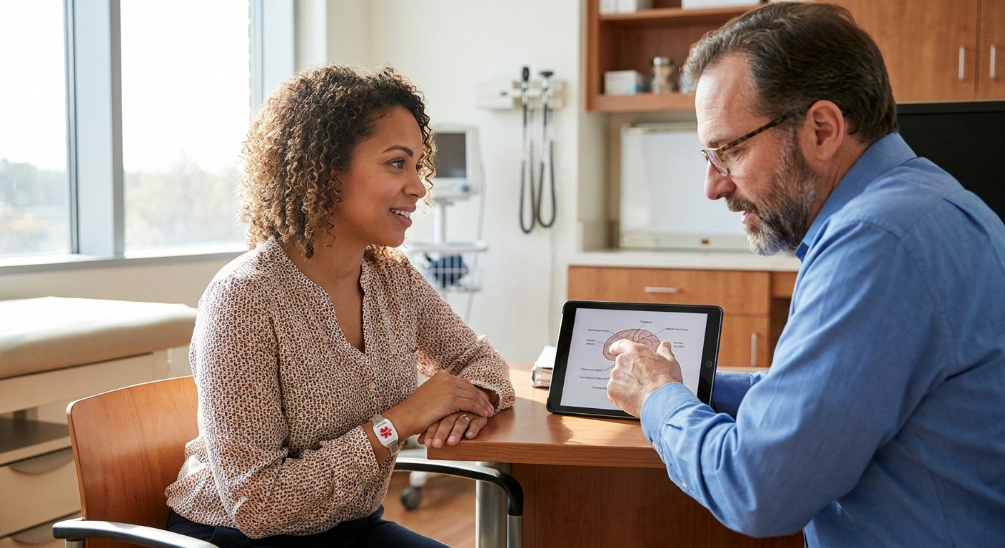 A woman with EDS consulting a neurologist about small fiber neuropathy diagnosis — the moment of being heard after years of dismissal.