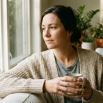 A woman with hypermobile EDS sitting by a window — the invisible neurological burden that comes with a connective tissue disorder.