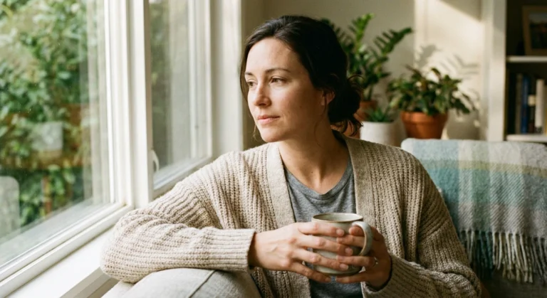 A woman with hypermobile EDS sitting by a window — the invisible neurological burden that comes with a connective tissue disorder.