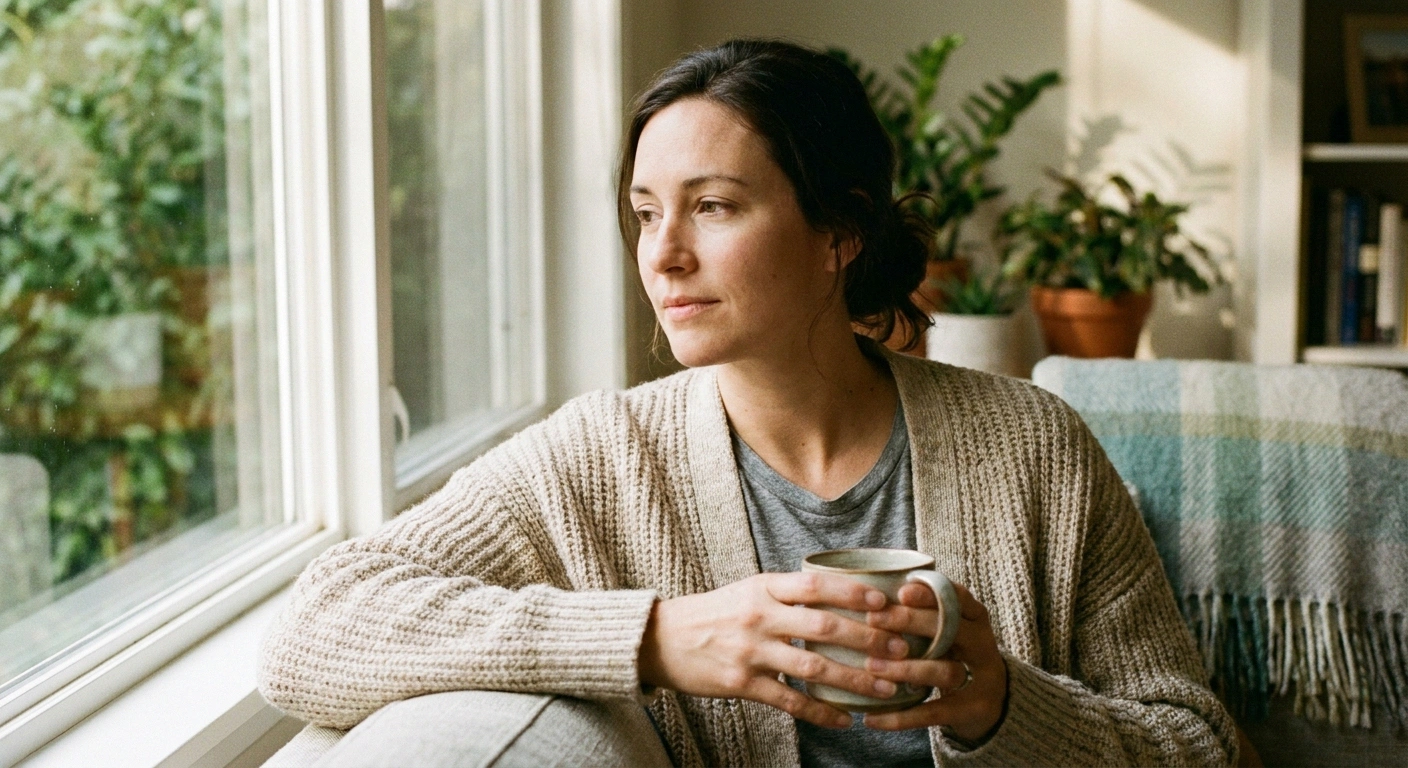 A woman with hypermobile EDS sitting by a window — the invisible neurological burden that comes with a connective tissue disorder.