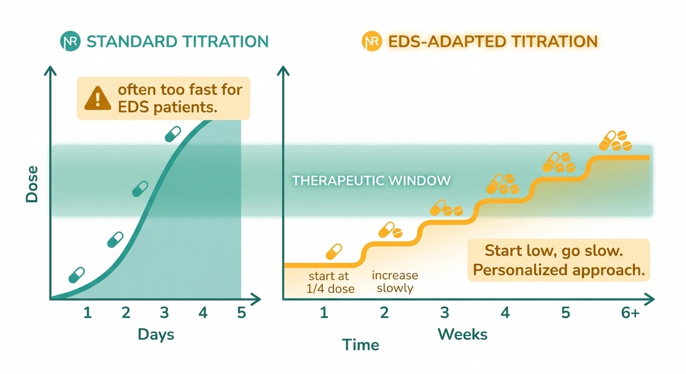 Infographic comparing standard medication titration with the slower, lower-dose EDS-adapted approach for neuropathic pain drugs.