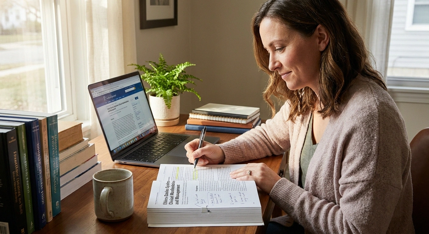 A woman with EDS preparing research notes for her neurology appointment — the informed patient as her own best advocate.