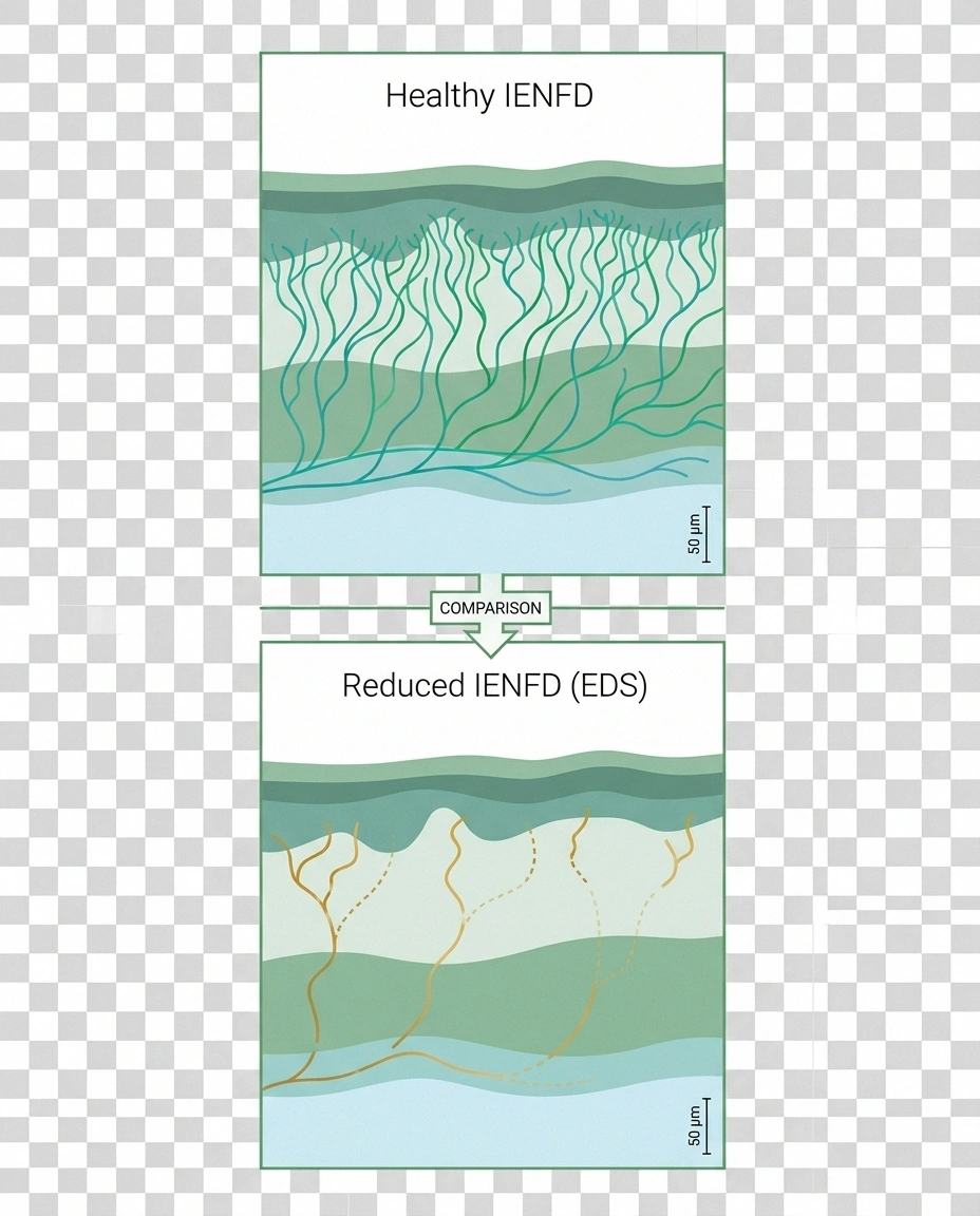 Side-by-side skin cross-section showing normal intraepidermal nerve fiber density versus reduced density in EDS small fiber neuropathy.