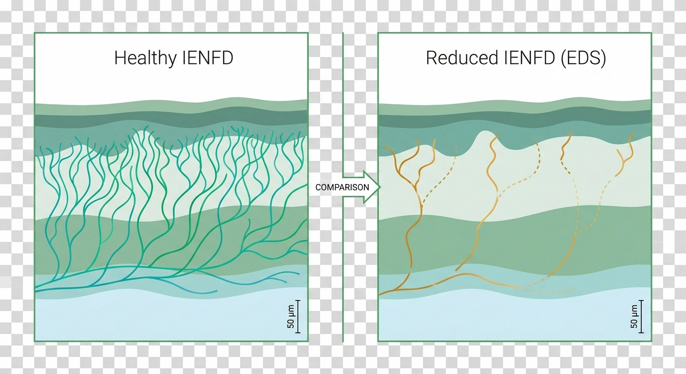 Side-by-side skin cross-section showing normal intraepidermal nerve fiber density versus reduced density in EDS small fiber neuropathy.