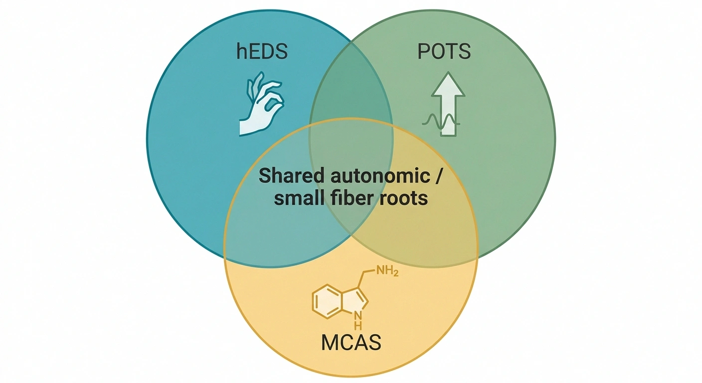 Venn diagram showing the overlap of hypermobile EDS, POTS, and MCAS — the trifecta that shares autonomic and small fiber roots.