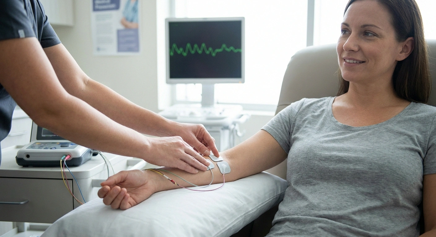 Nerve conduction study EMG test showing electrodes used to diagnose demyelinating vs axonal neuropathy