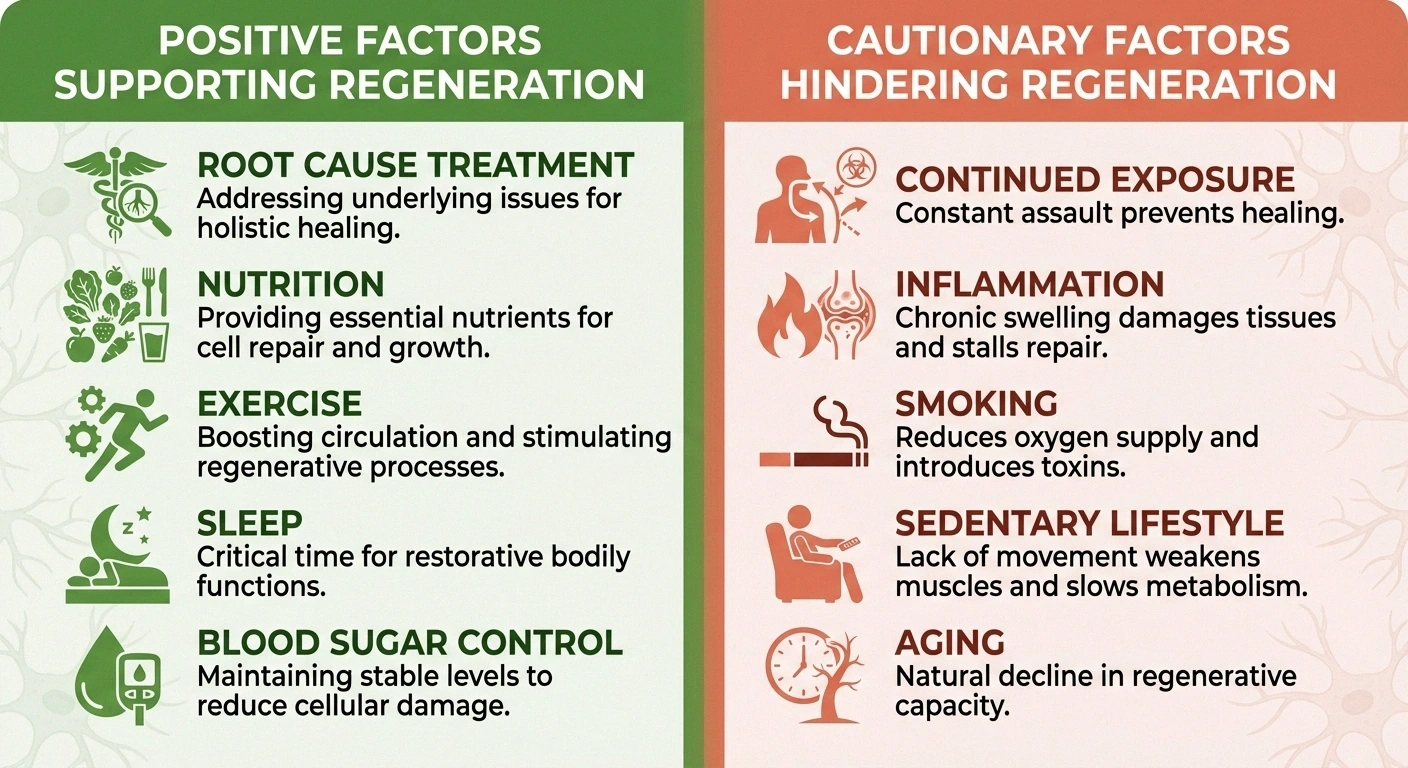 Comparison of factors that help versus hinder nerve regeneration including nutrition, exercise, and blood sugar control on the positive side and smoking, inflammation, and sedentary lifestyle on the negative side
