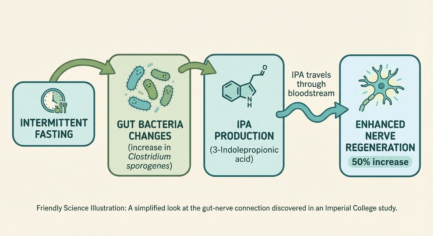 Flow diagram showing how intermittent fasting changes gut bacteria to produce IPA which travels through the bloodstream to enhance nerve regeneration by 50 percent in animal studies