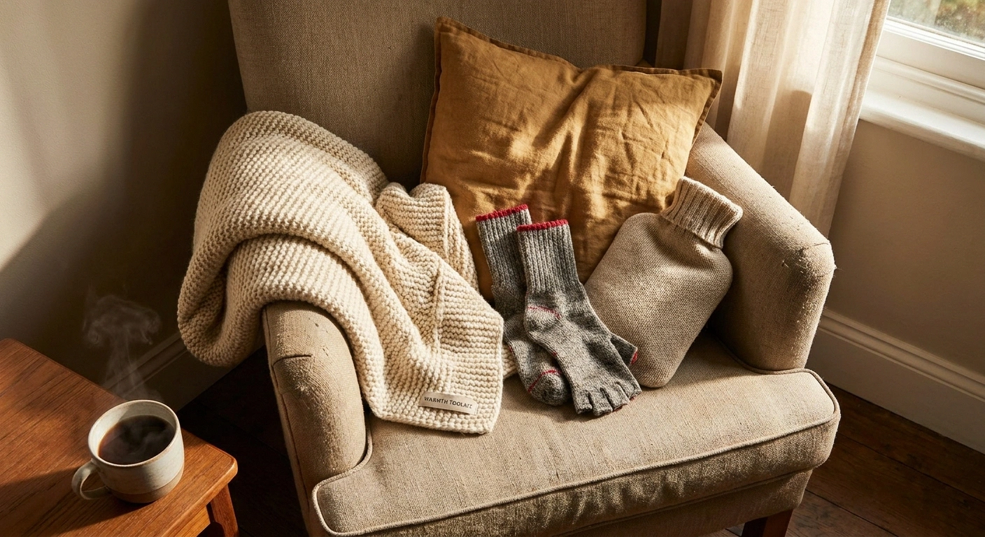 A warmth toolkit for cryoglobulinemic neuropathy — wool socks, fingerless gloves, knit blanket, hot water bottle, and warm tea.