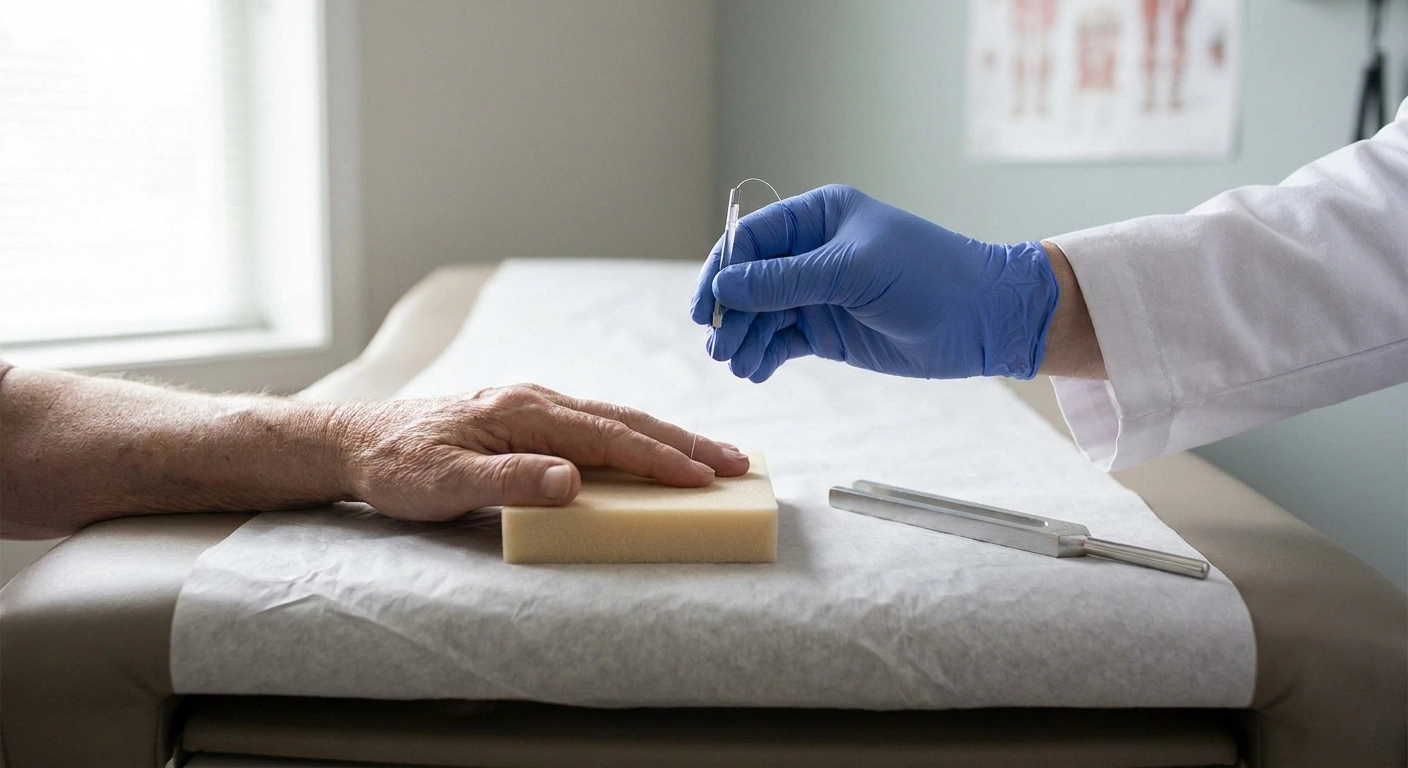 A neuropathy bedside exam setup — monofilament, tuning fork, and a patient's hand on an exam table.