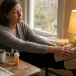 A woman in her 60s in a warm kitchen holding her wool-socked foot — a portrait of living with HCV-related peripheral neuropathy.