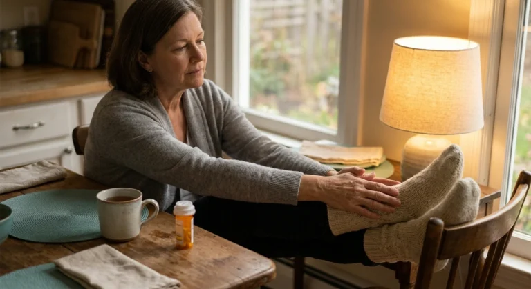 A woman in her 60s in a warm kitchen holding her wool-socked foot — a portrait of living with HCV-related peripheral neuropathy.