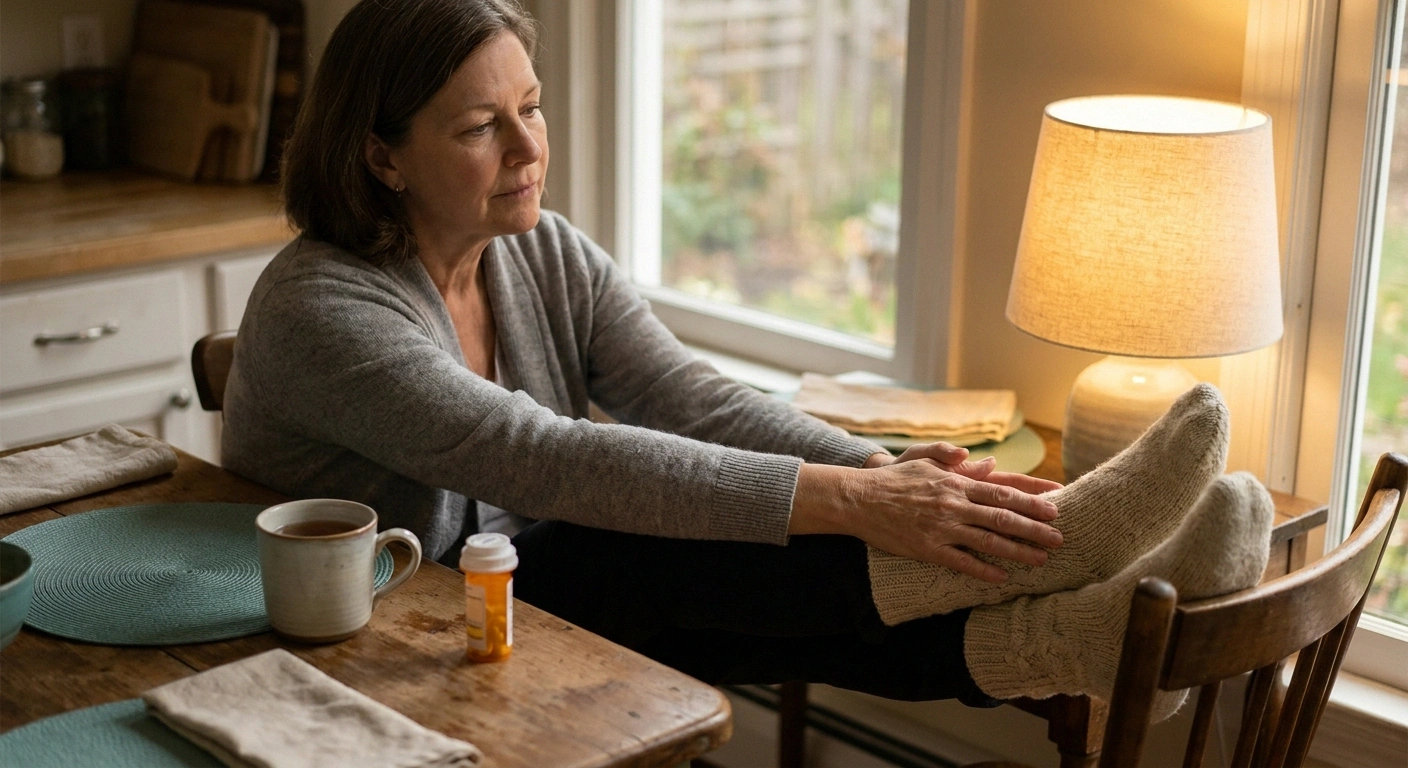 A woman in her 60s in a warm kitchen holding her wool-socked foot — a portrait of living with HCV-related peripheral neuropathy.