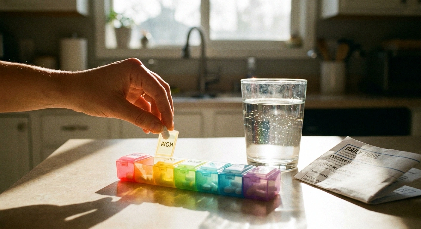 A patient placing a daily oral antiviral pill into a weekly organizer — the modern direct-acting antiviral treatment for hepatitis C.