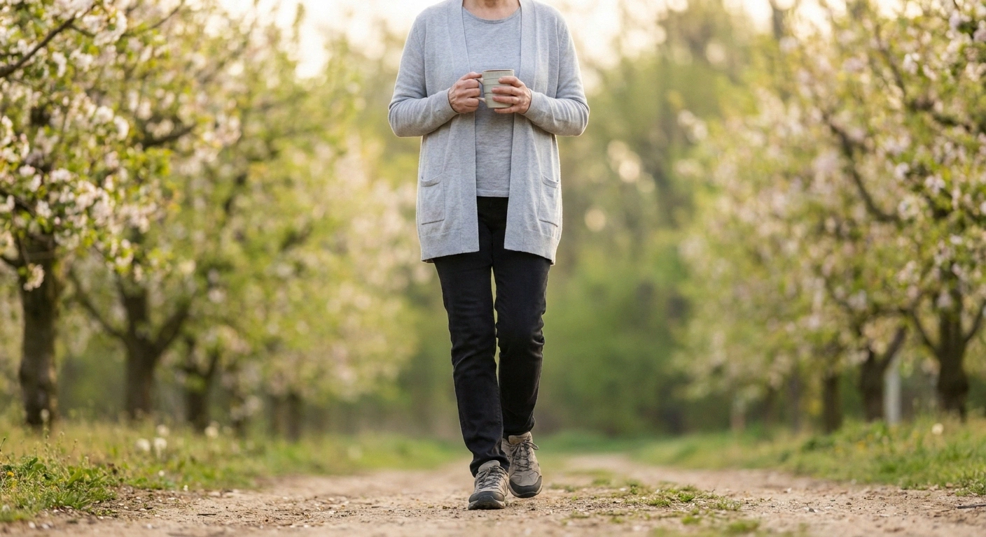 A woman in her 60s walking calmly on a morning path — the recovery and quality-of-life arc after HCV-related neuropathy treatment.