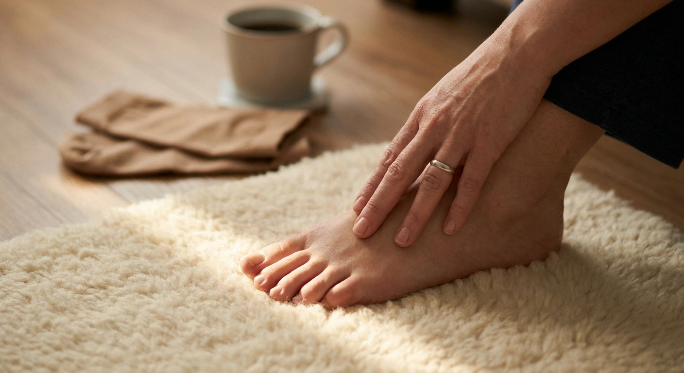 A woman's bare foot resting on a soft rug while she gently checks for sensation — the self-monitoring gesture neuropathy patients learn.
