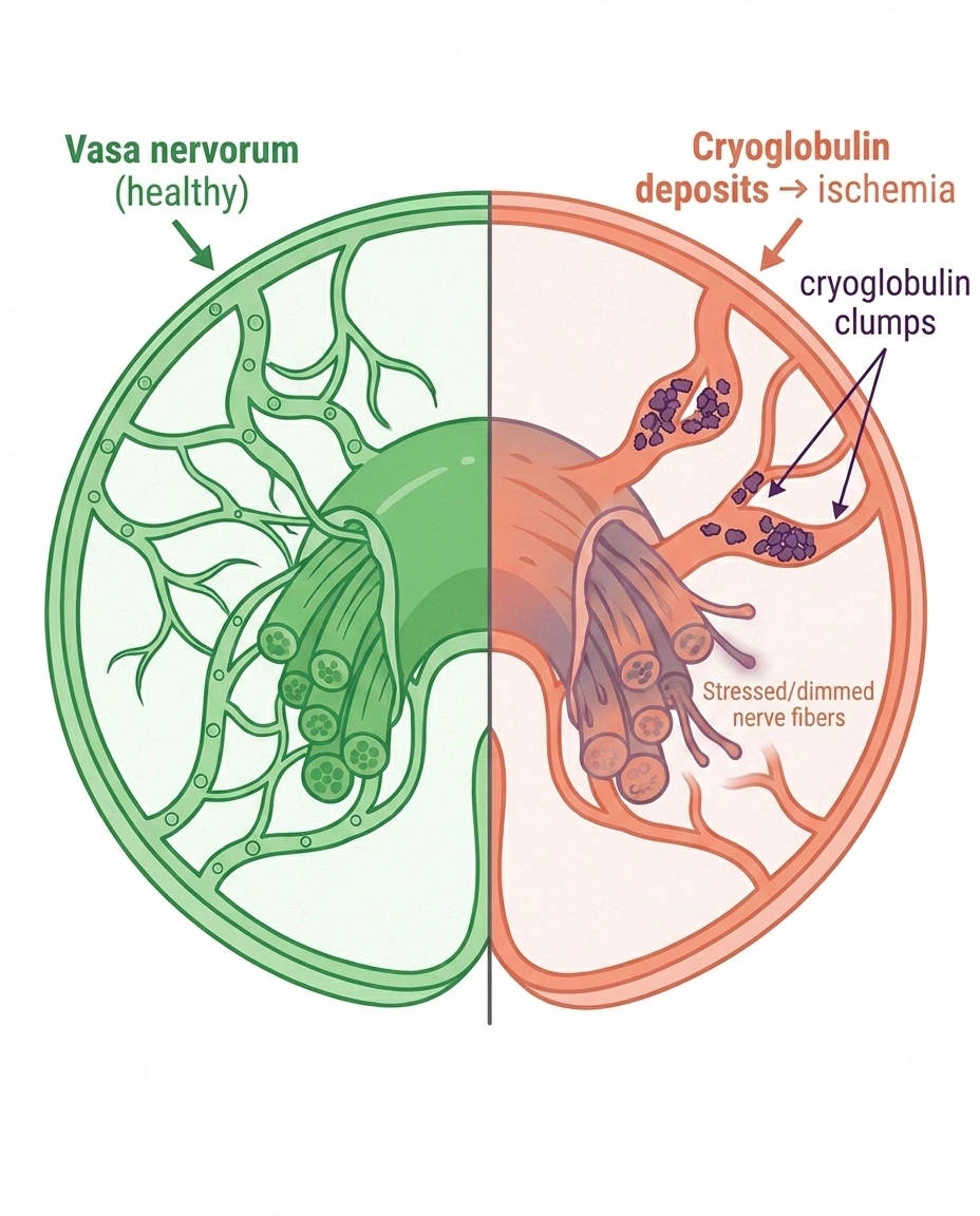 Medical illustration showing cryoglobulin deposits blocking the small vasa nervorum vessels feeding a peripheral nerve, leading to ischemic nerve damage in HCV-related neuropathy.