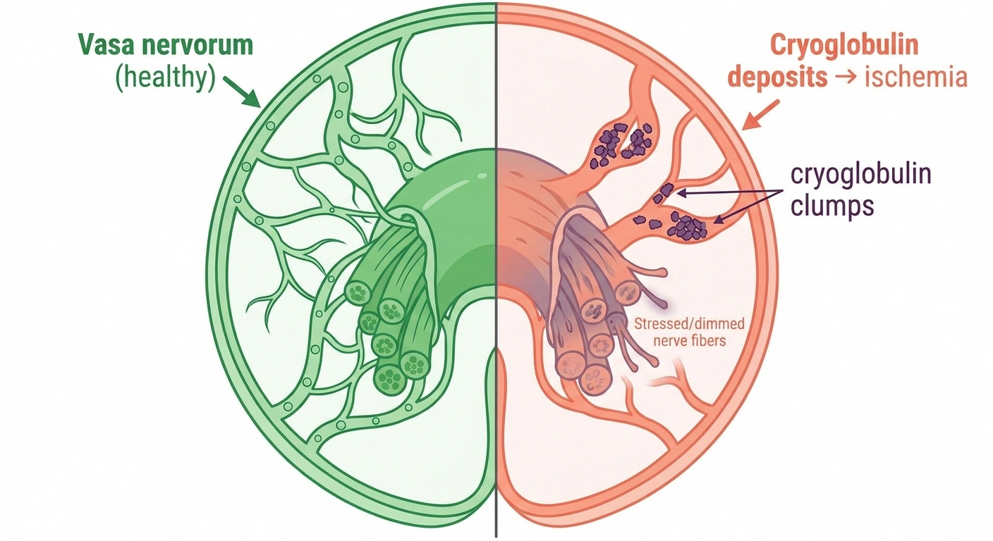 Medical illustration showing cryoglobulin deposits blocking the small vasa nervorum vessels feeding a peripheral nerve, leading to ischemic nerve damage in HCV-related neuropathy.