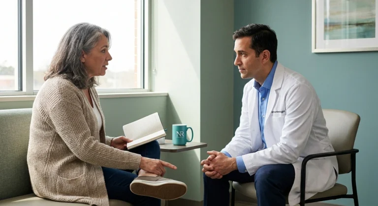 Patient with inflammatory bowel disease discussing new neuropathy symptoms with their gastroenterologist