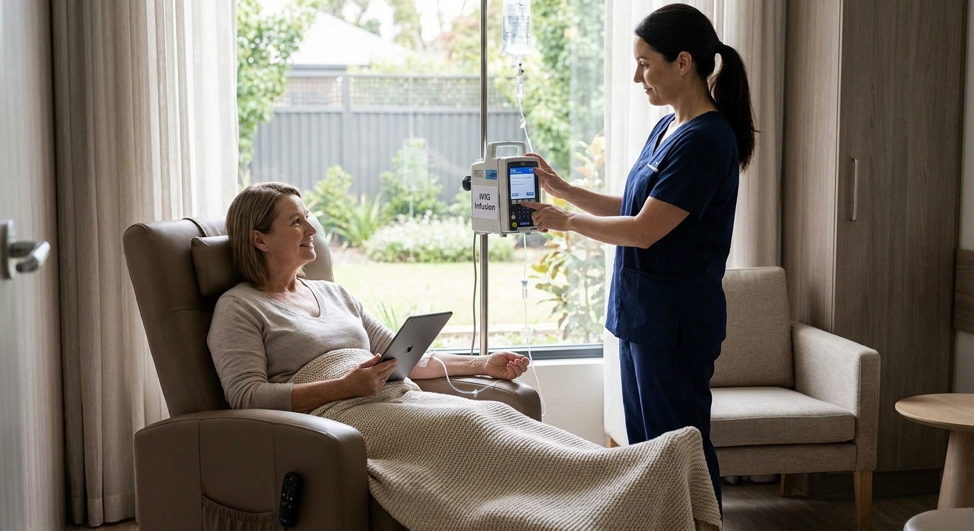 Patient receiving an IVIG infusion in an outpatient suite as treatment for immune-mediated IBD-related neuropathy