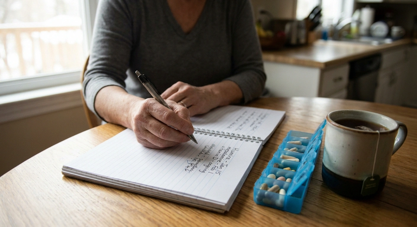 Patient writing out a complete medication and supplement list in preparation for a gastroenterology appointment