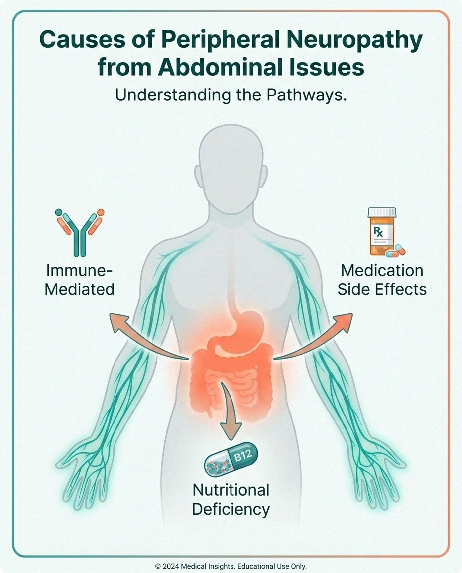 Diagram showing three pathways from inflammatory bowel disease to peripheral nerve damage — immune, nutritional, medication