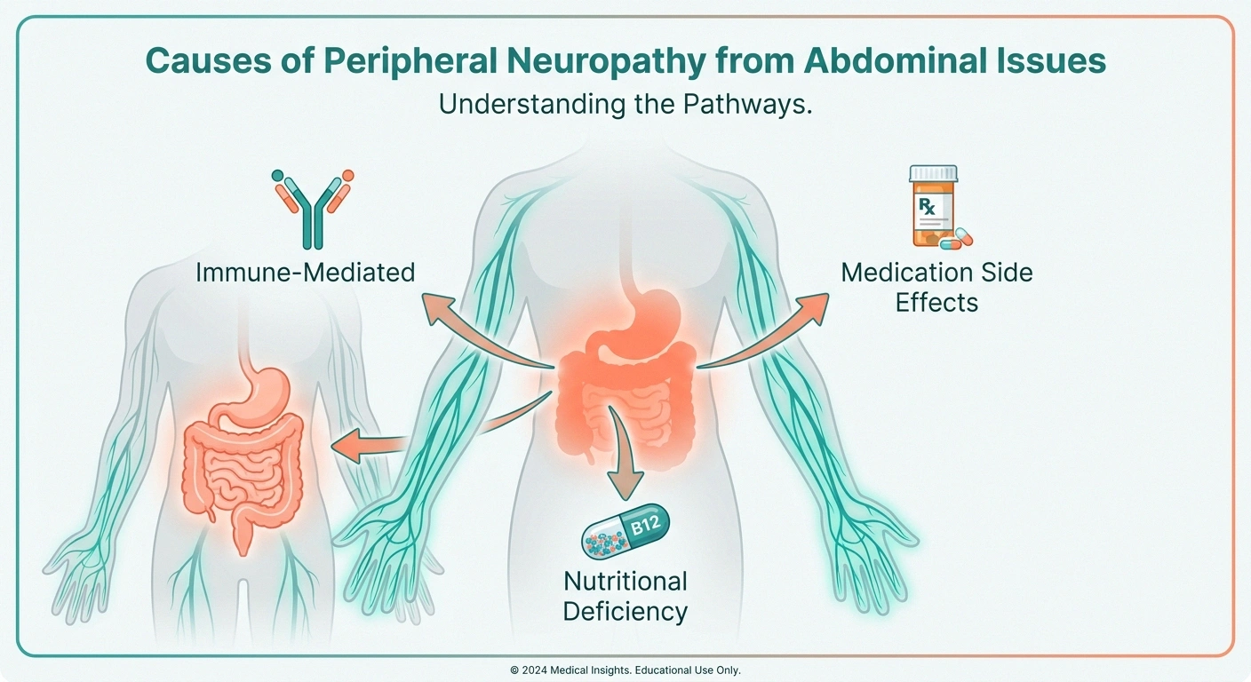 Diagram showing three pathways from inflammatory bowel disease to peripheral nerve damage — immune, nutritional, medication