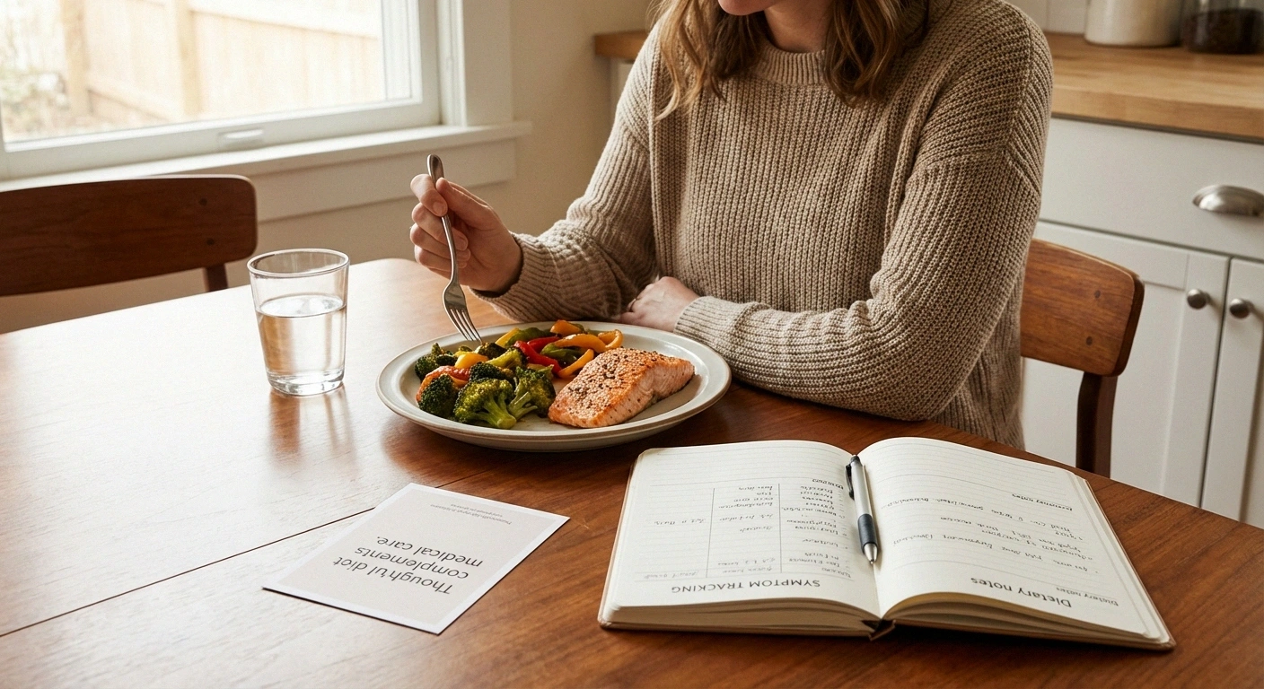 Person eating a nutrient-rich meal and tracking neuropathy symptoms in a journal representing the careful, monitored approach recommended when trying intermittent fasting for neuropathy