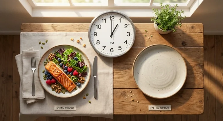 Intermittent fasting concept showing a clock with nutrient-rich foods during the eating window and an empty plate during the fasting period for neuropathy management