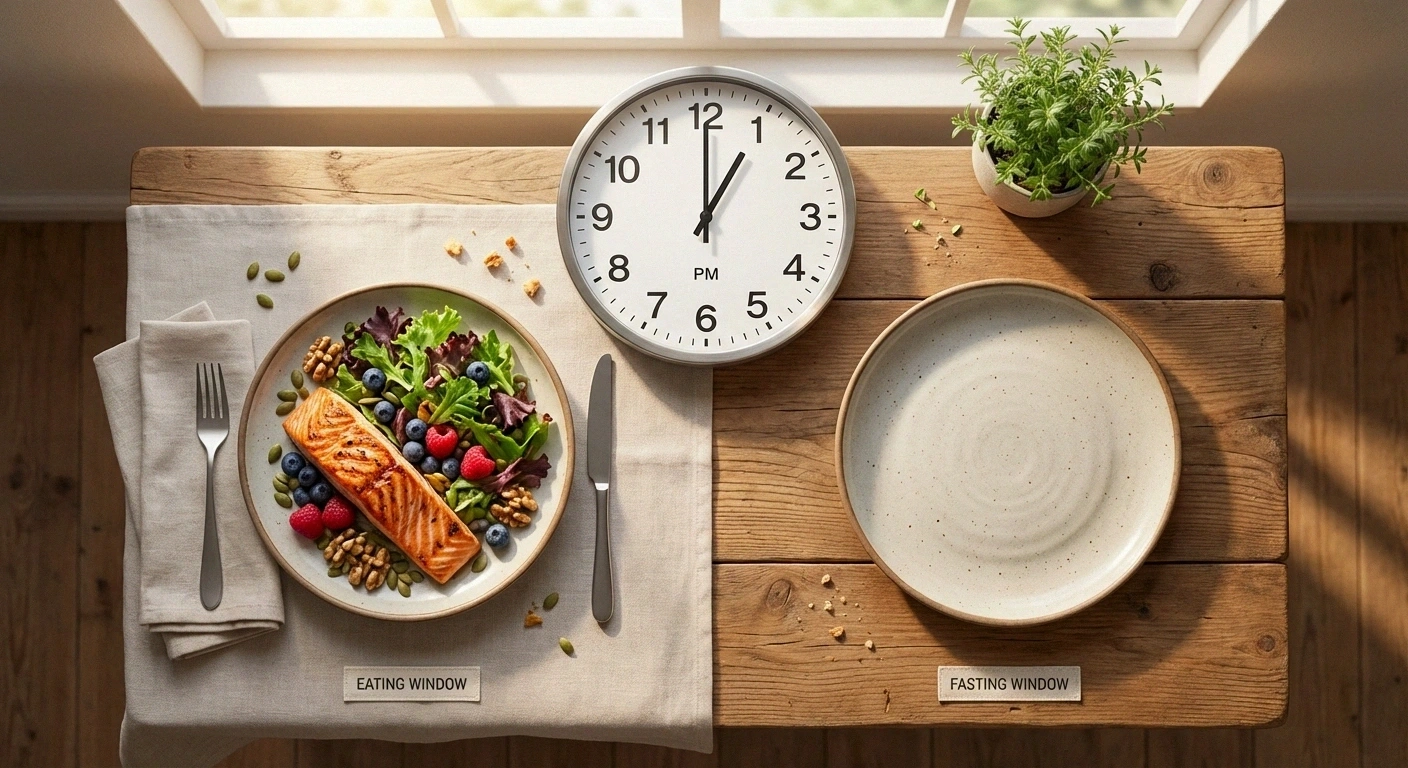 Intermittent fasting concept showing a clock with nutrient-rich foods during the eating window and an empty plate during the fasting period for neuropathy management