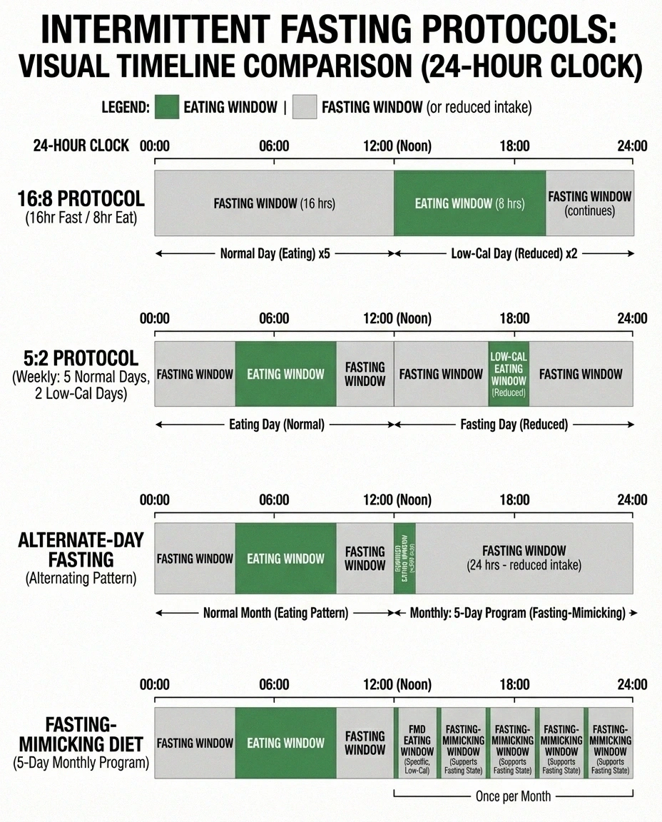 Comparison of four intermittent fasting protocols including 16:8, 5:2, alternate-day, and fasting-mimicking diet showing eating and fasting windows
