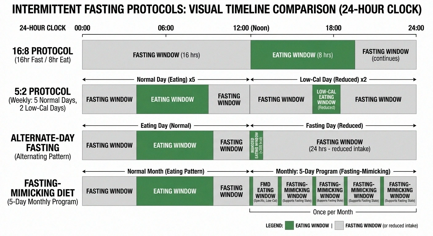 Comparison of four intermittent fasting protocols including 16:8, 5:2, alternate-day, and fasting-mimicking diet showing eating and fasting windows