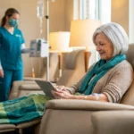 Woman receiving IVIG infusion therapy for neuropathy in a comfortable clinic chair