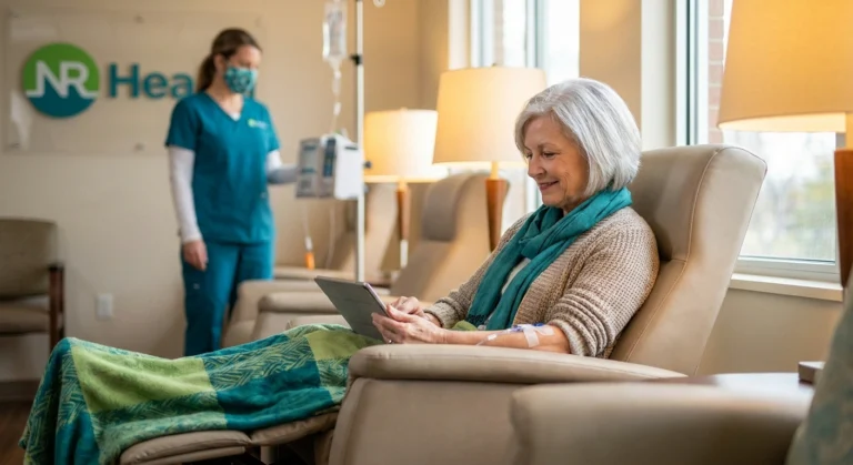 Woman receiving IVIG infusion therapy for neuropathy in a comfortable clinic chair
