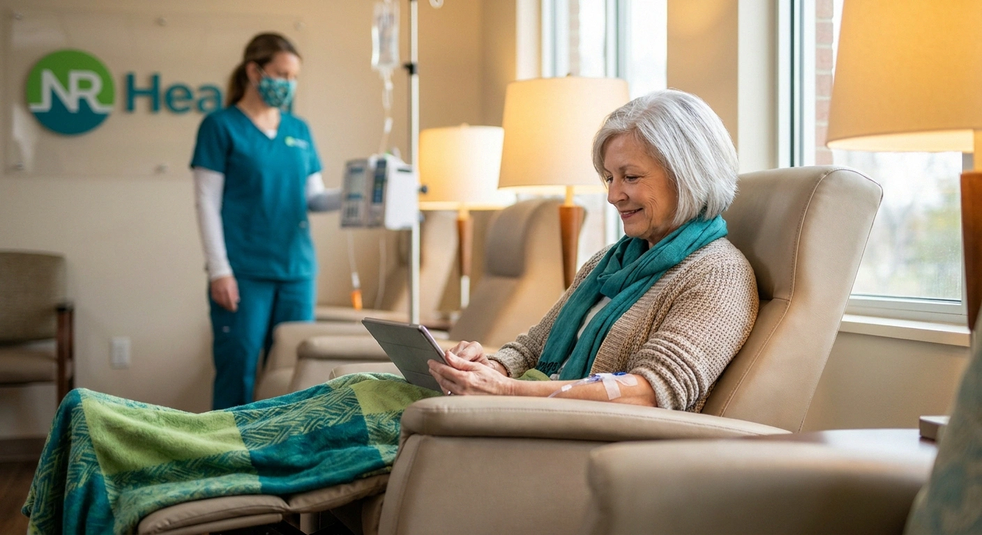 Woman receiving IVIG infusion therapy for neuropathy in a comfortable clinic chair