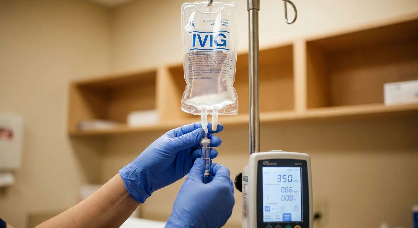 Healthcare professional preparing an IVIG infusion bag for neuropathy treatment