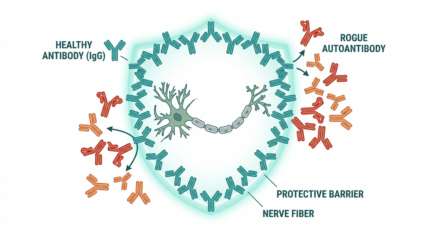 Medical illustration showing how IVIG antibodies neutralize autoantibodies attacking nerve fibers
