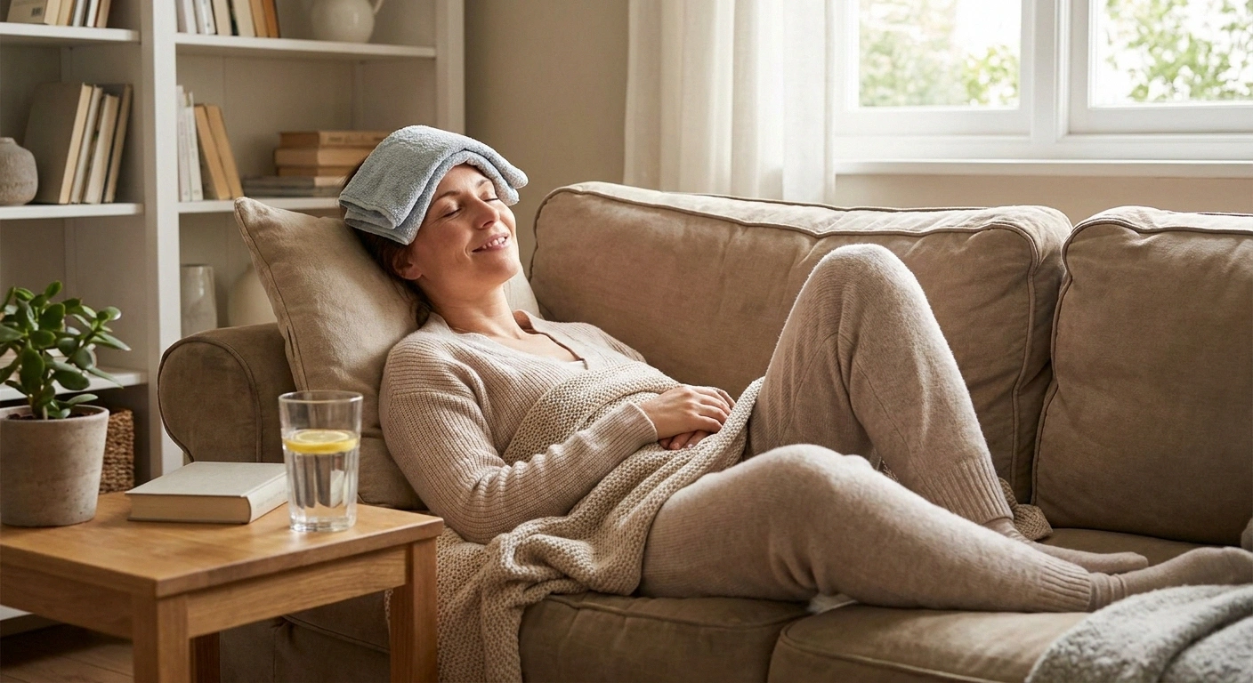 Woman resting at home after IVIG infusion, managing common side effects with hydration