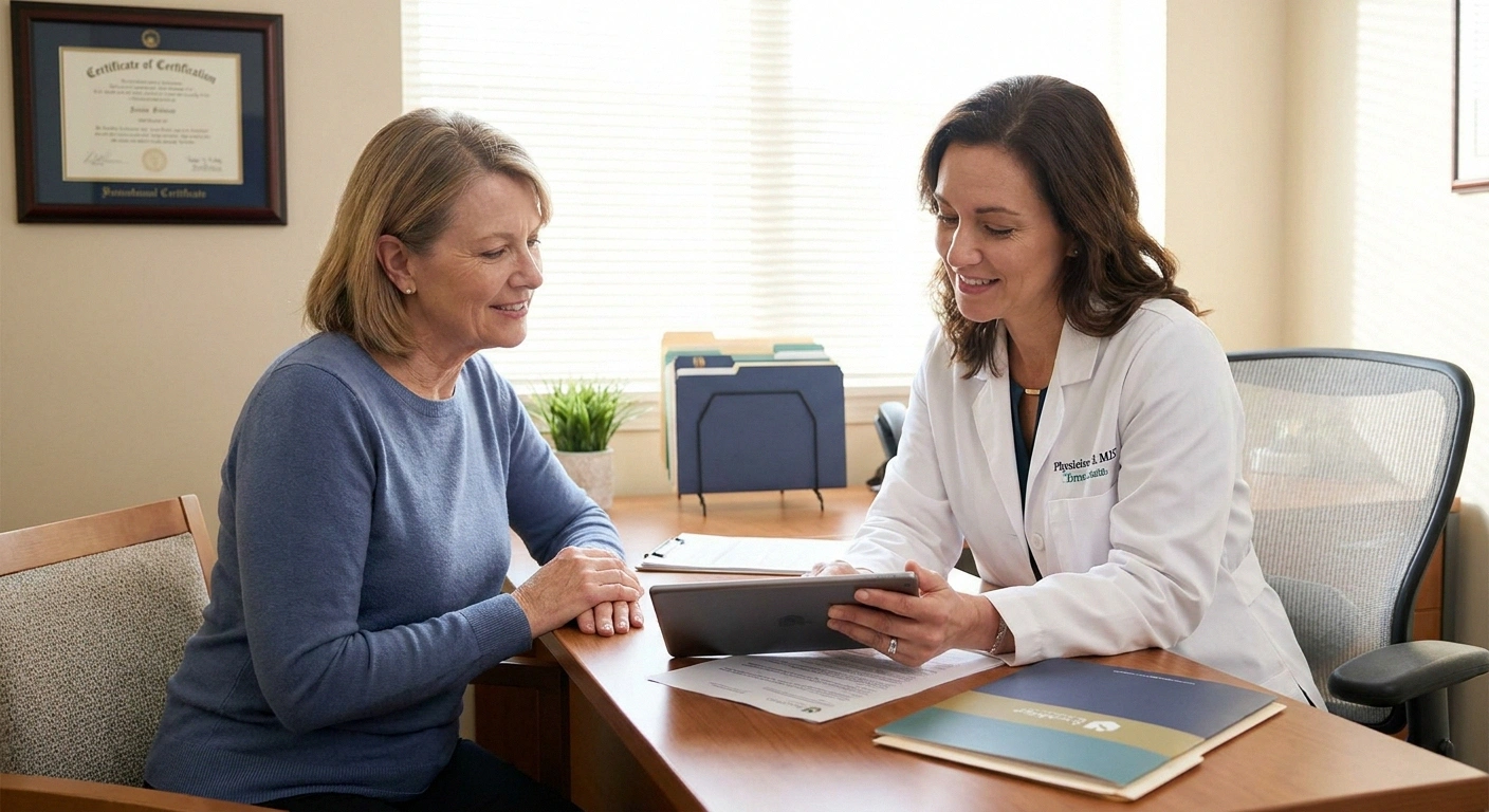 Patient consulting with a physician about ketamine infusion therapy for neuropathic pain — thorough evaluation and shared decision-making are essential