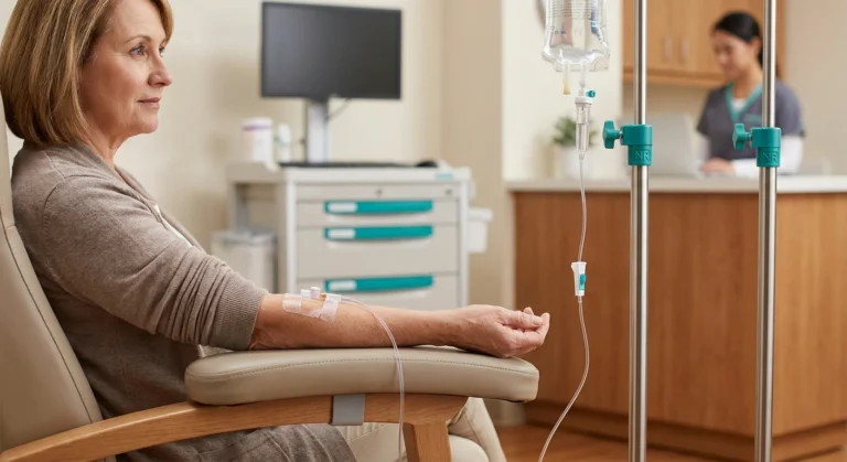 IV infusion setup in a ketamine clinic for neuropathic pain treatment — subanesthetic ketamine targets NMDA receptors to reduce pain amplification