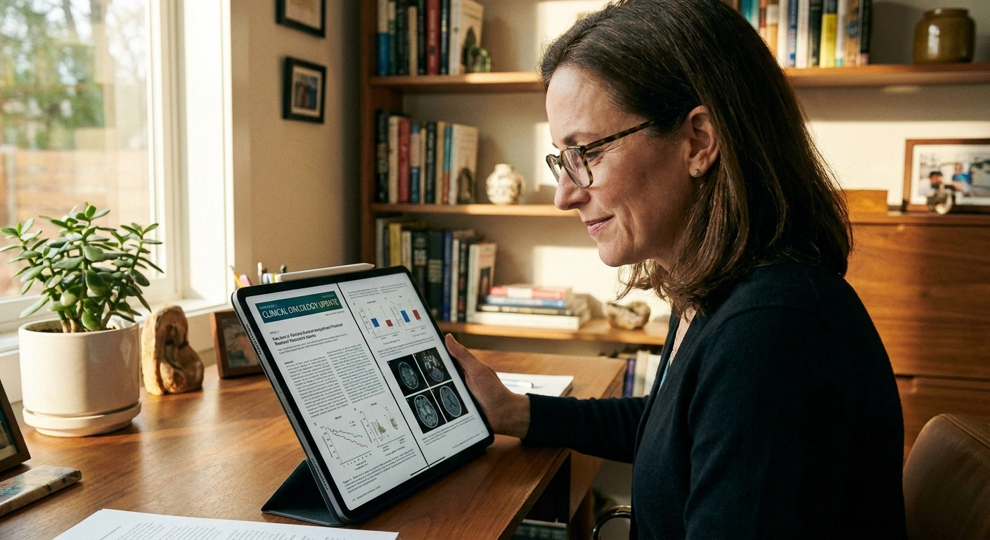 Patient reviewing ketamine infusion research on a tablet — evidence supports subanesthetic ketamine for treatment-resistant neuropathic pain