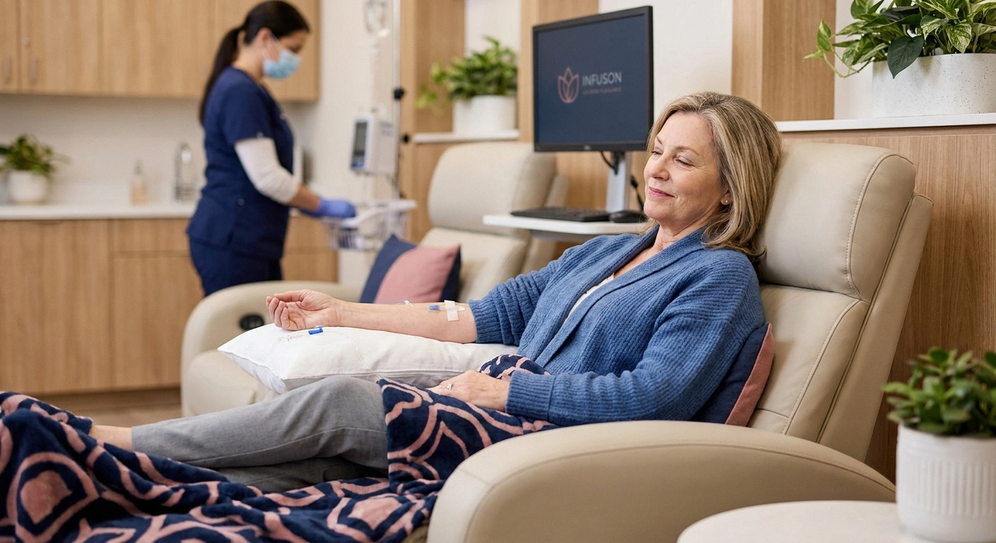 Patient resting comfortably during a ketamine infusion session for neuropathic pain — IV administered at subanesthetic dose under medical supervision