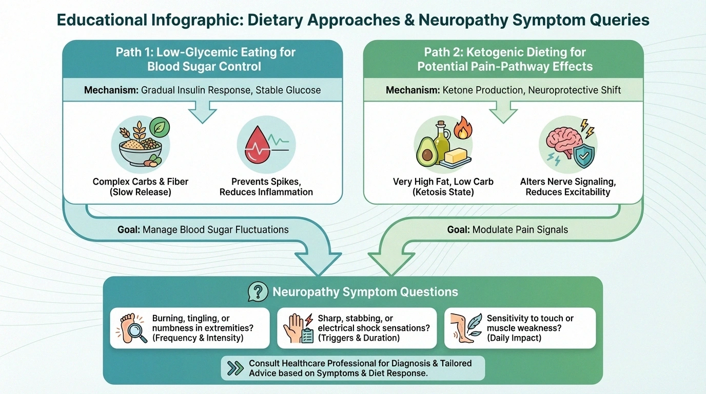 Infographic explaining why keto and lower-glycemic diets both come up in neuropathy discussions