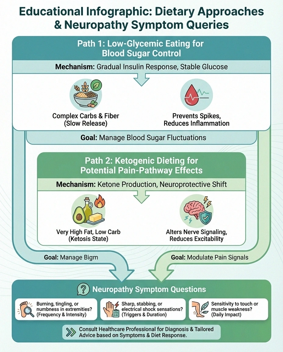 Infographic explaining why keto and lower-glycemic diets both come up in neuropathy discussions