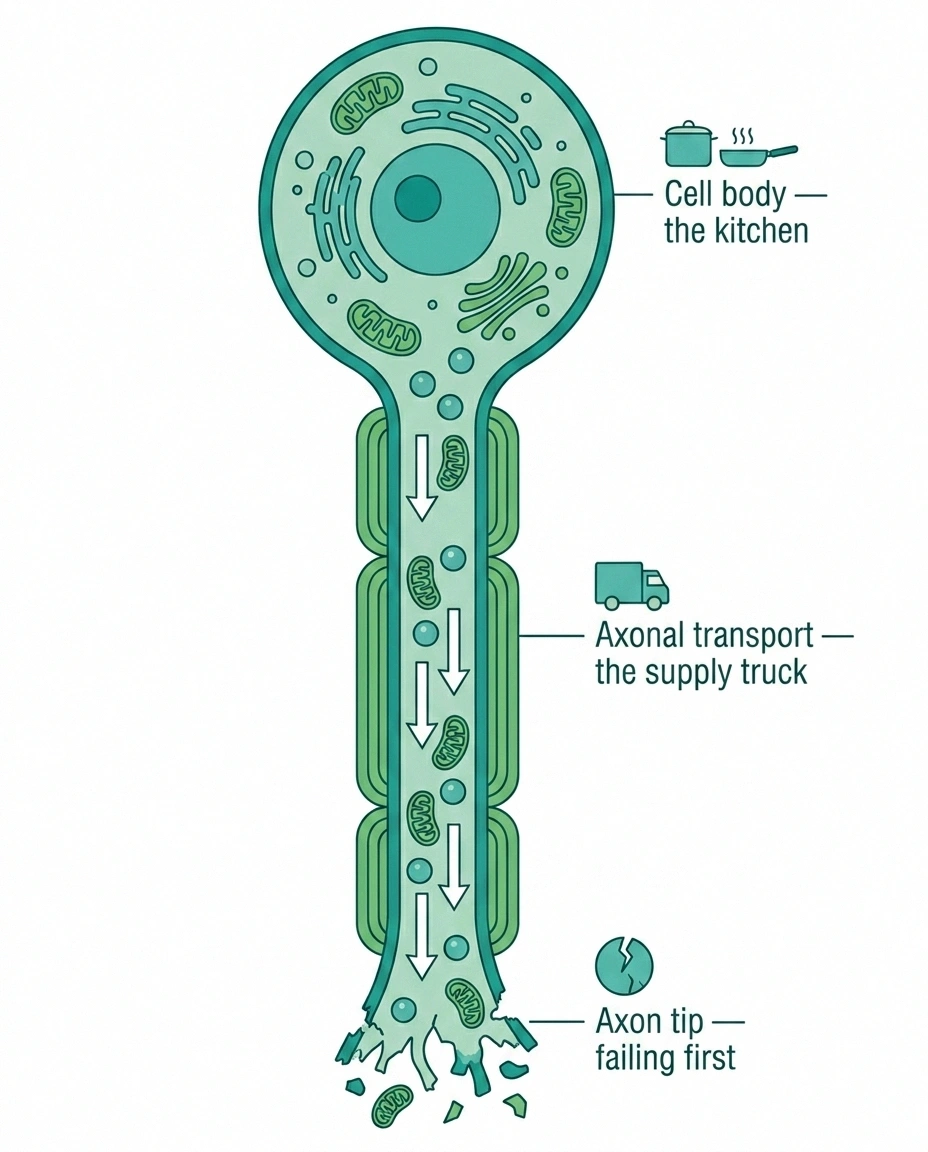 Infographic showing how axonal transport supplies the long nerve axon — the distal tip receives supplies last and fails first.